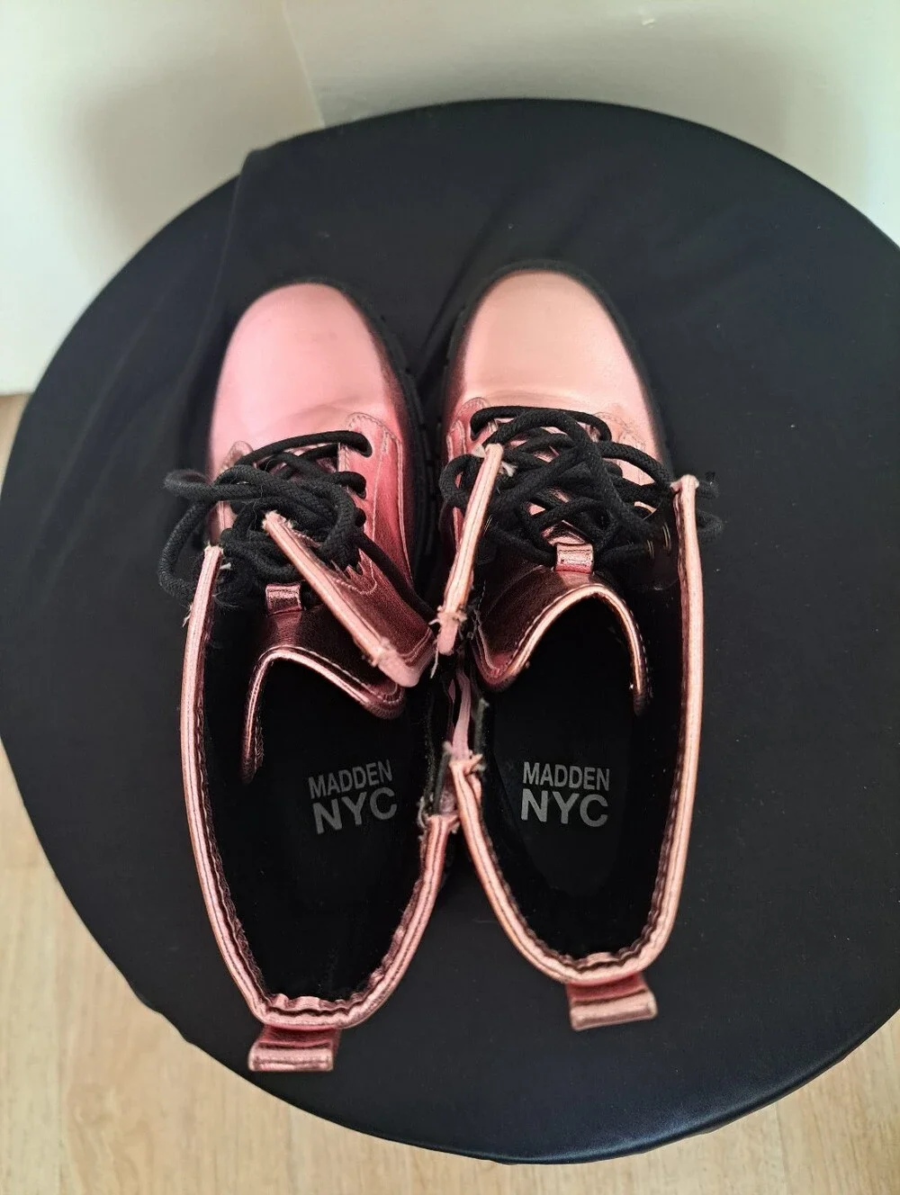 Metallic Pink Lace-Up Combat Boots with Chunky Black Sole